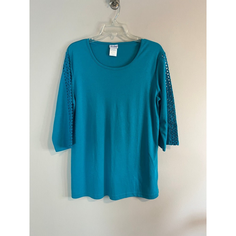 Vicki Wayne Vintage Teal Blue Eyelet Sleeve Scoop Neck Top P14266 Womens Medium